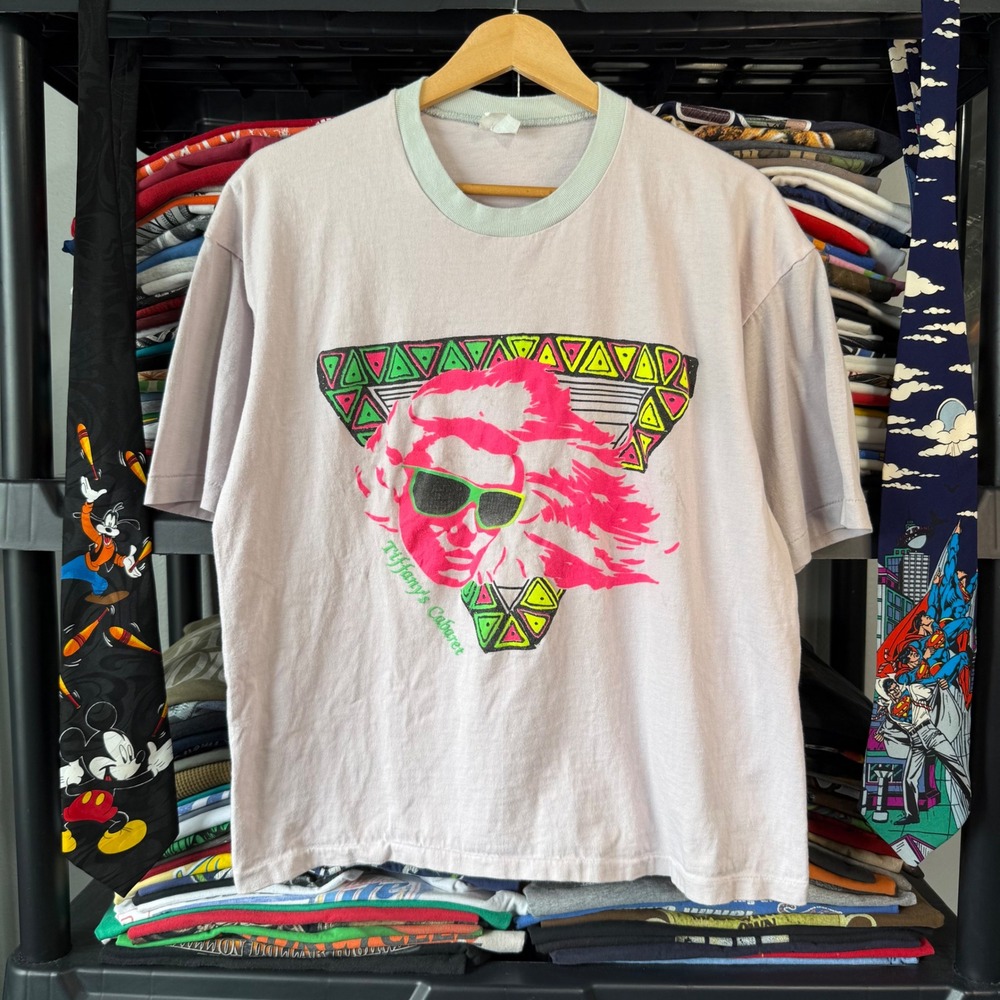 Vintage 80s Pink Tiffany's Cabaret Neon Graphic Ringer Tee XL Light Marks